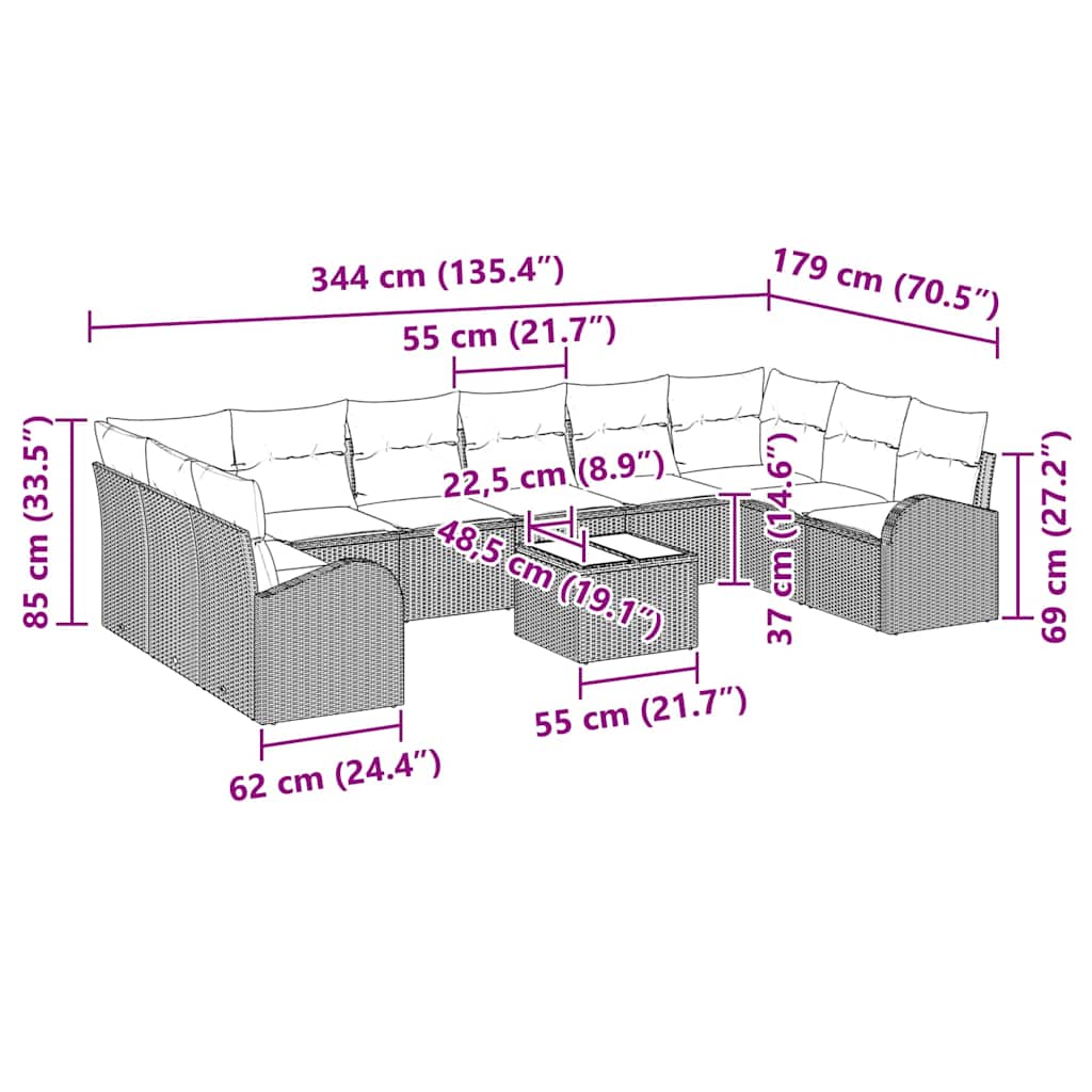 Garden Sofa Set with Cushions 11 pcs Brown and Cream Poly Rattan