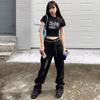 Off-the-button printed short-sleeved T-shirt women's summer new top student black bottoming shirt