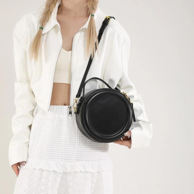 Solid Crossbody Bag For Women Round Small Handbag Women Designer Bags Leather Shoulder Bag Female Zipper Purse
