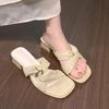 Fashion 2025 New Women Genuine  Sandals Mid Heel Shoes Square Toe Pleated Thick Heels Ladies Footwear Summer Apricot Beige