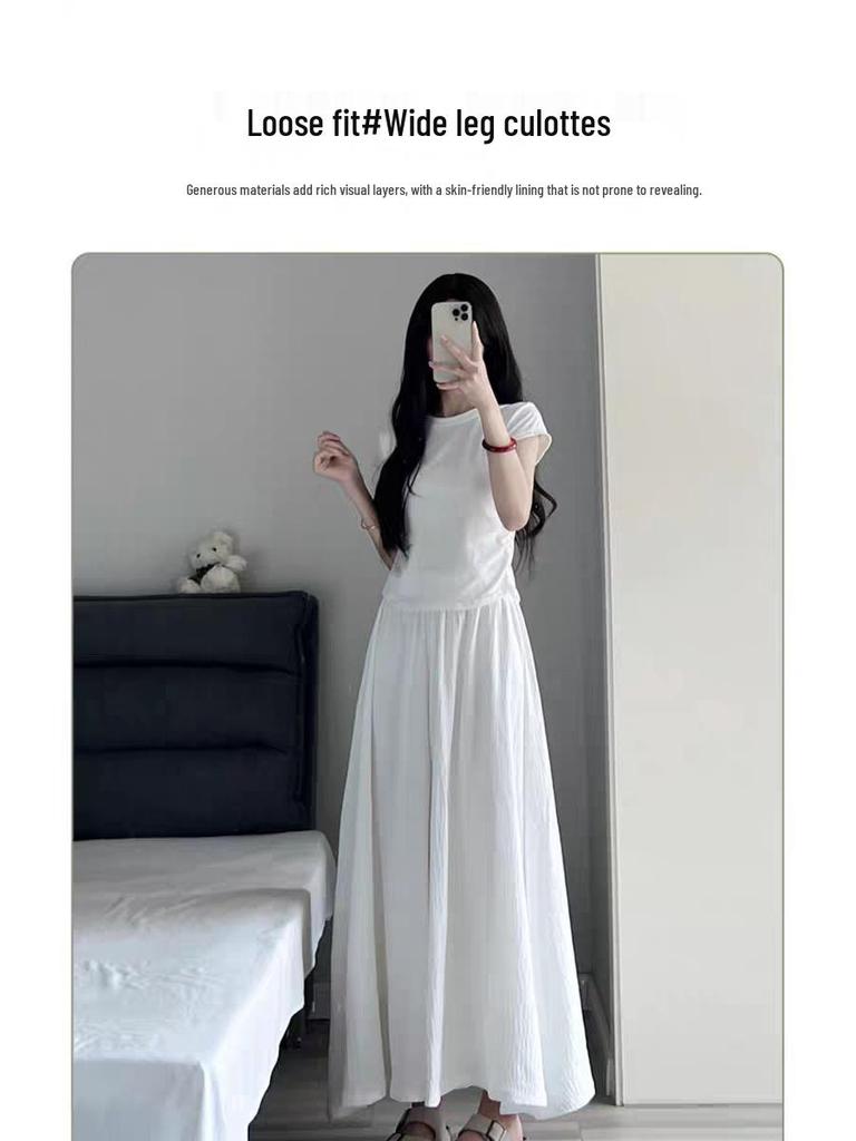 Ice Silk Off-White Pleated Culottes: Women's High-Waisted A-Line Midi Skirt