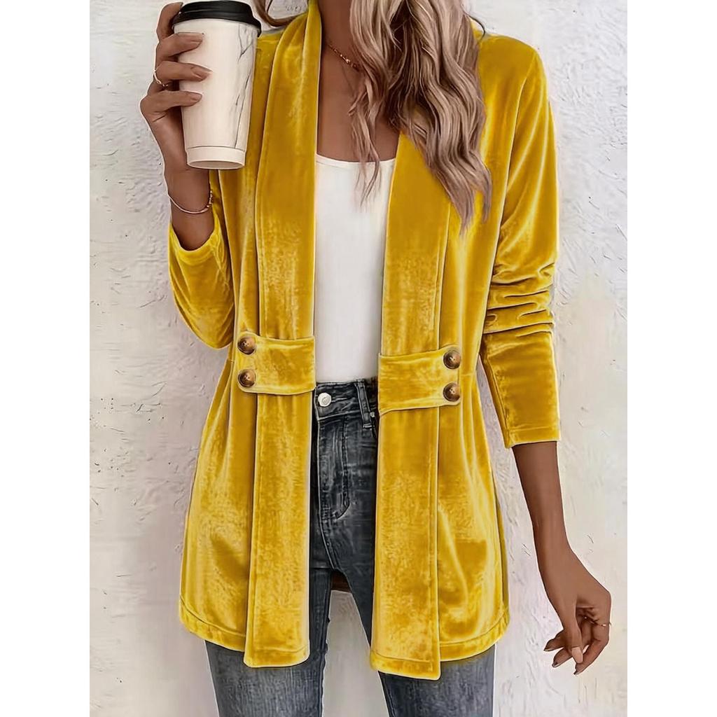 New Women's Double Breasted Decor Velvet Cardigan, Lazy Style Versatile Mid-length Top
