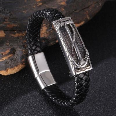 Vintage Men's Leather Bangle Braided Rope Stainless Steel Charm Accessories Wrist Jewelry Bracelet Homme