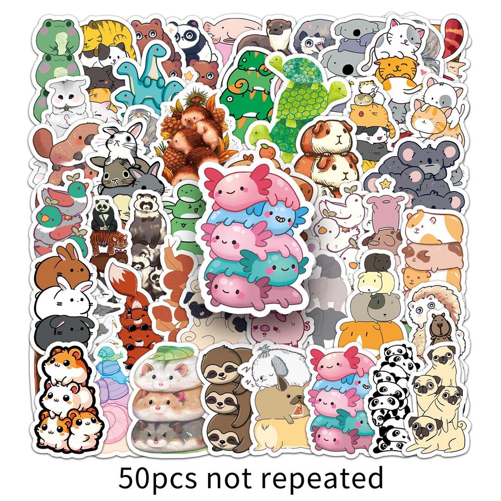 50 Stackable Cute Cartoon Animal Stickers - Waterproof for Decor, Journals, Thermos Cups