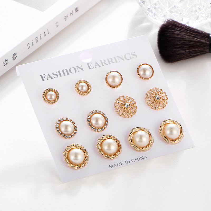 6 Pairs Women Retro Flowers Pearl Earrings Set Fashion Ear Stud Jewelry
