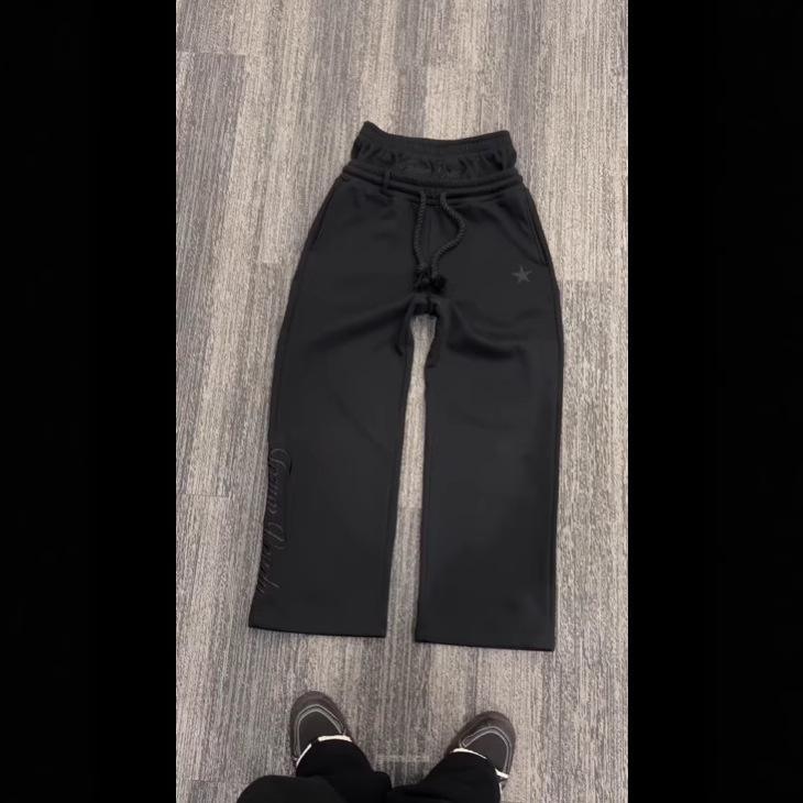 Harajuku Luźne Spodnie Dresowe z Podwójnym Stanem Y2K Amerykański Jednolity Kolor Haft Literowy Spodnie Codzienne Hip Hop Sznurek w Pasie Jogger