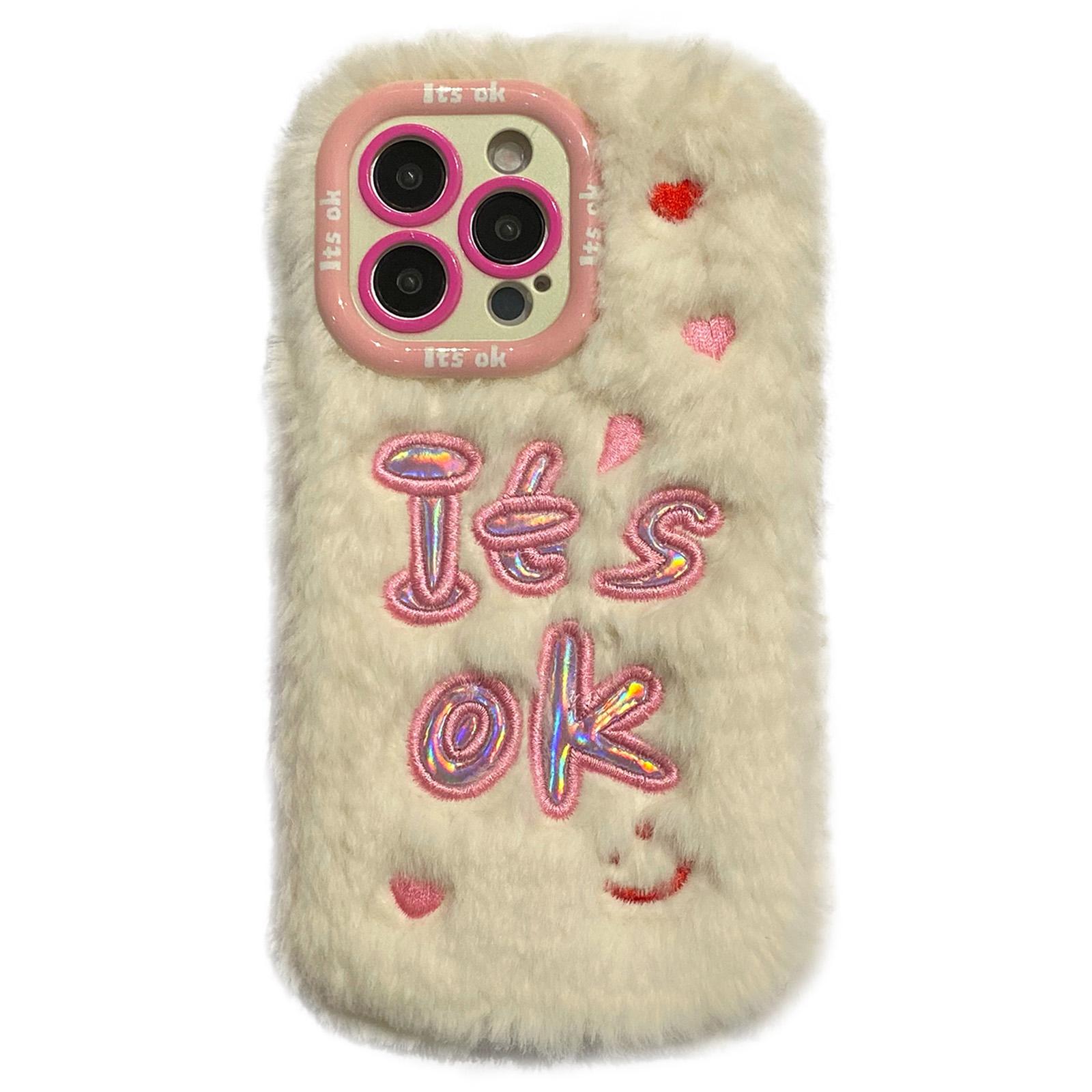 

KJS-006 For iPhone 15 Pro Max Case It’S OK Lens Kickstand TPU Plush Furry Phone Cover White