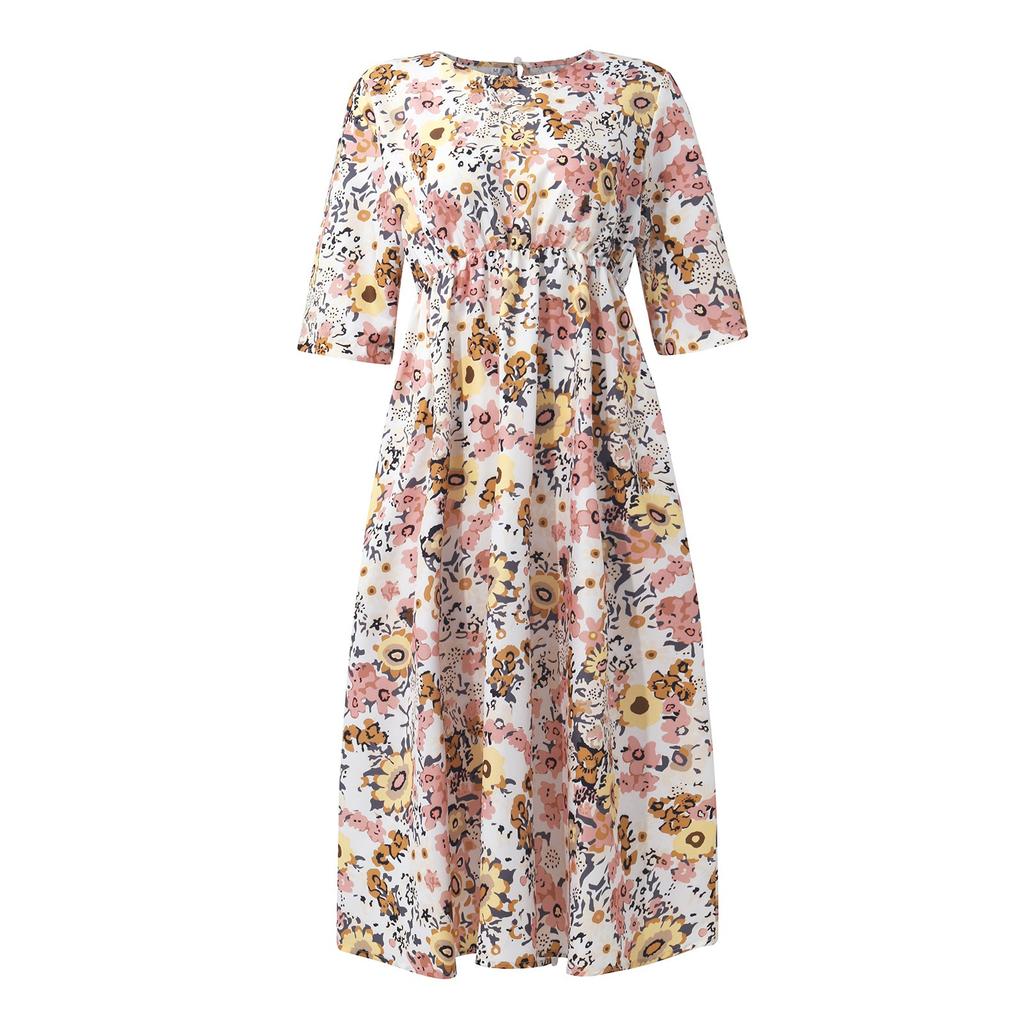 Damska letnia, luźna, kieszonkowa sukienka z okrągłym dekoltem i okrągłym dekoltem