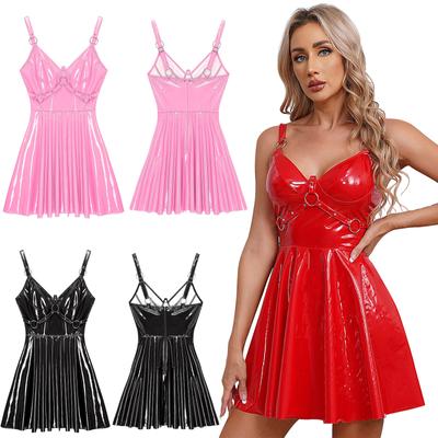Kadın Suni Deri Fermuarlı Kulüp Giyim O-Ring Perçin Etek A Kesim Mini Elbise Temalı Parti Moda Gösterisi için
