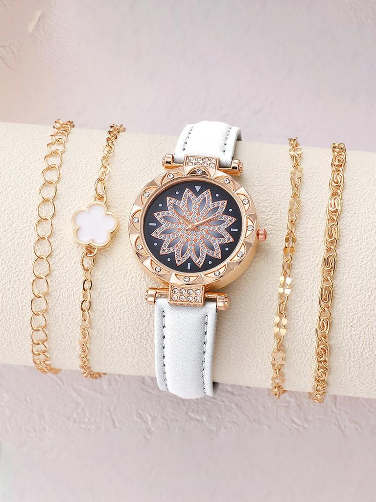 Fashion Flower Diamond Round Dial Leather Strap Women's Quartz Watch Set of 5 for Christmas and Thanksgiving Gifts