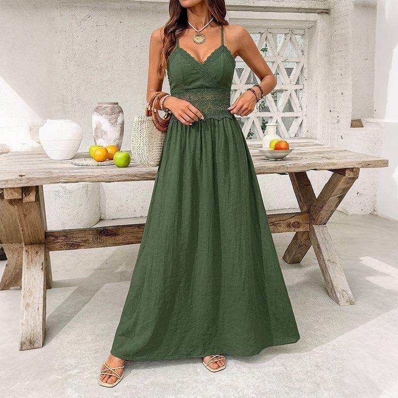Summer New Style Lace-embroidered Halter Dress with V-neck and Backless Design - Ideal for Beachwear and Summer Outings for Women.