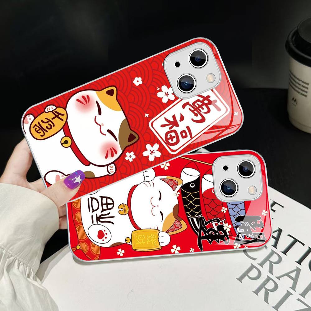 Maneki Neko Lucky Money Cat Tempered Glass For Iphone 14 13 12 11 Pro Mini XS MAX 14Plus X XS XR Cover