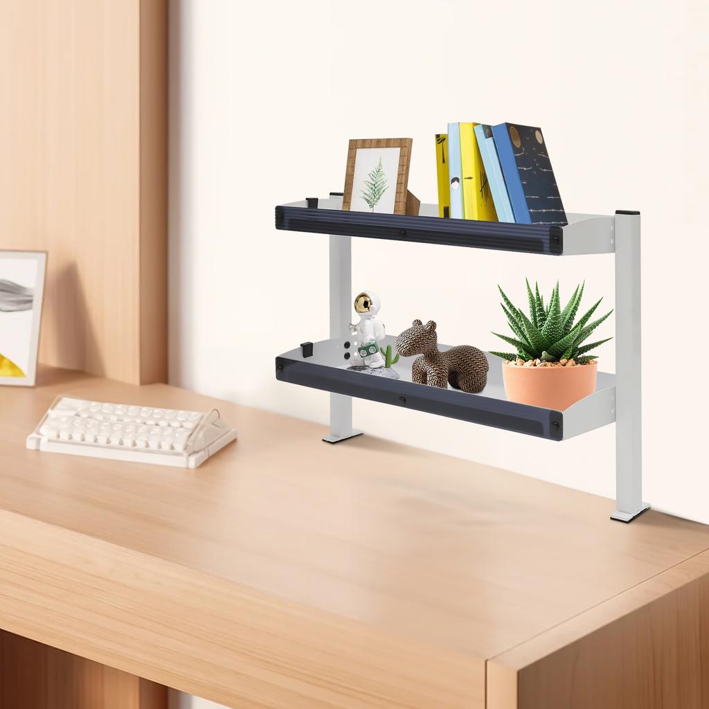 Clamp-On Desk Shelf – 2-Tier Under/Over Desk Storage Organizer with Guardrail – White