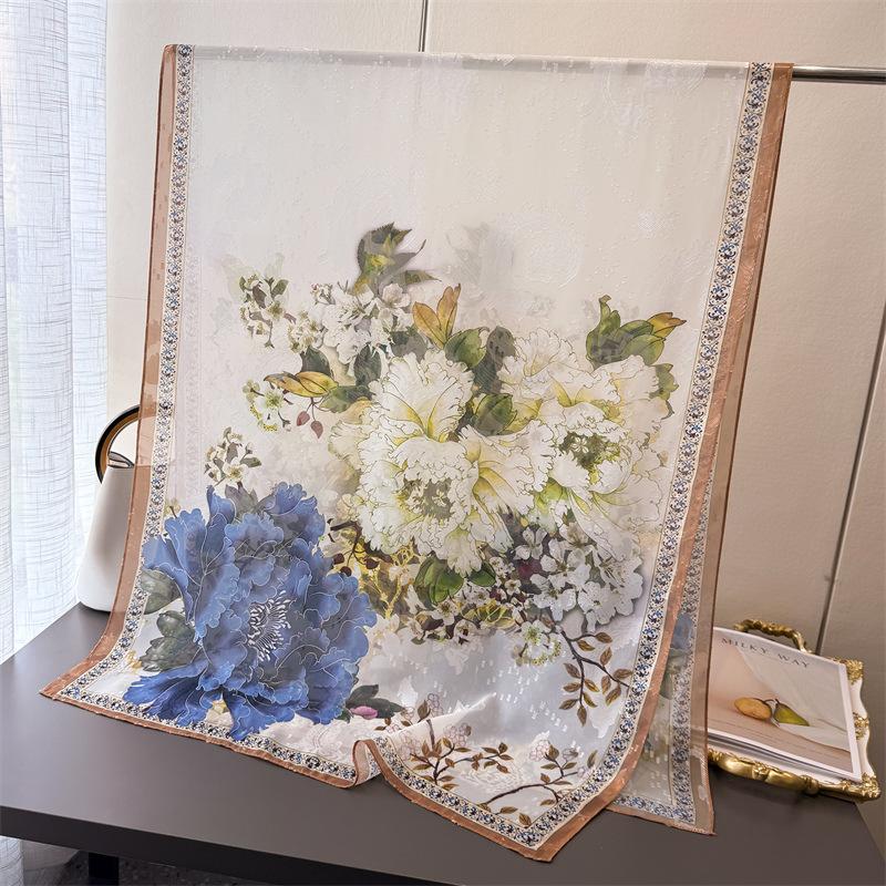 

Peony Print Cut Flower Spring And Summer Silk Scarf Large Long Scarf High Sense Travel Shawl Sun Protection Women S Scarf Headscarf 180*70cm