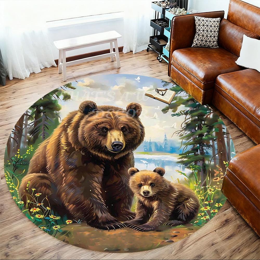 1PC Bear Cub Forest Office Round Area Rug, Under Office Chairs Bedroom Living Room Home Decor,Carpet for Office, -1110273