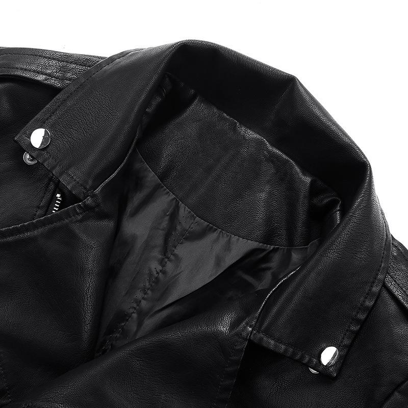 European Spring Women's Short Leather Motorcycle Jacket with Lapel Collar