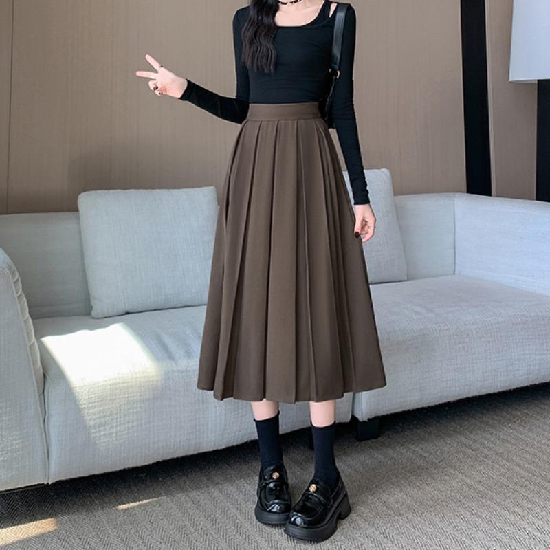 

Chic Plus Size A-line Pleated Midi Skirt - Age-Reducing, Solid Color, Autumn/Winter Collection 4XL кофейный