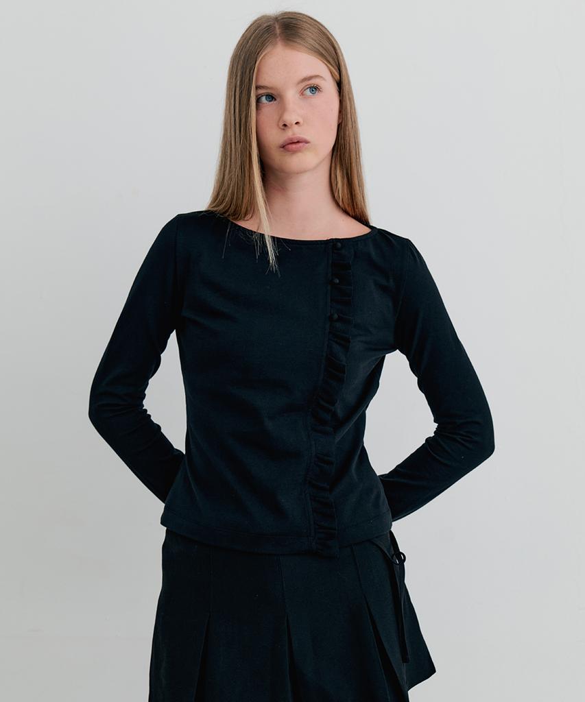ITOV SEOUL Frill Button T-Shirt Black