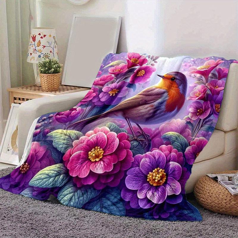 1pc Bird Printing Lightweight Flannel Blanket, Comfortable and Warm Blanket, for Camping Sofa Bed and Couch Office, Suitable for Gift Blanket