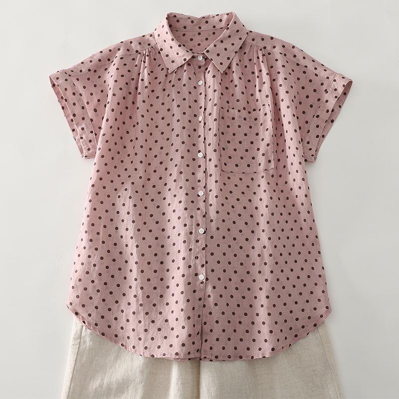 

Мягкая и дышащая повседневная тонкая рубашка в горошек из хлопка и льна, женская летняя новинка, однобортный кардиган с короткими рукавами и воротником-поло M розовый