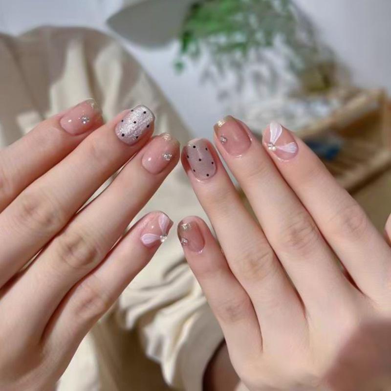 

Ice Nude Press-On Nails: Polka Dot, Rhinestone, Gold Edged French Cat Eye - Full Size
