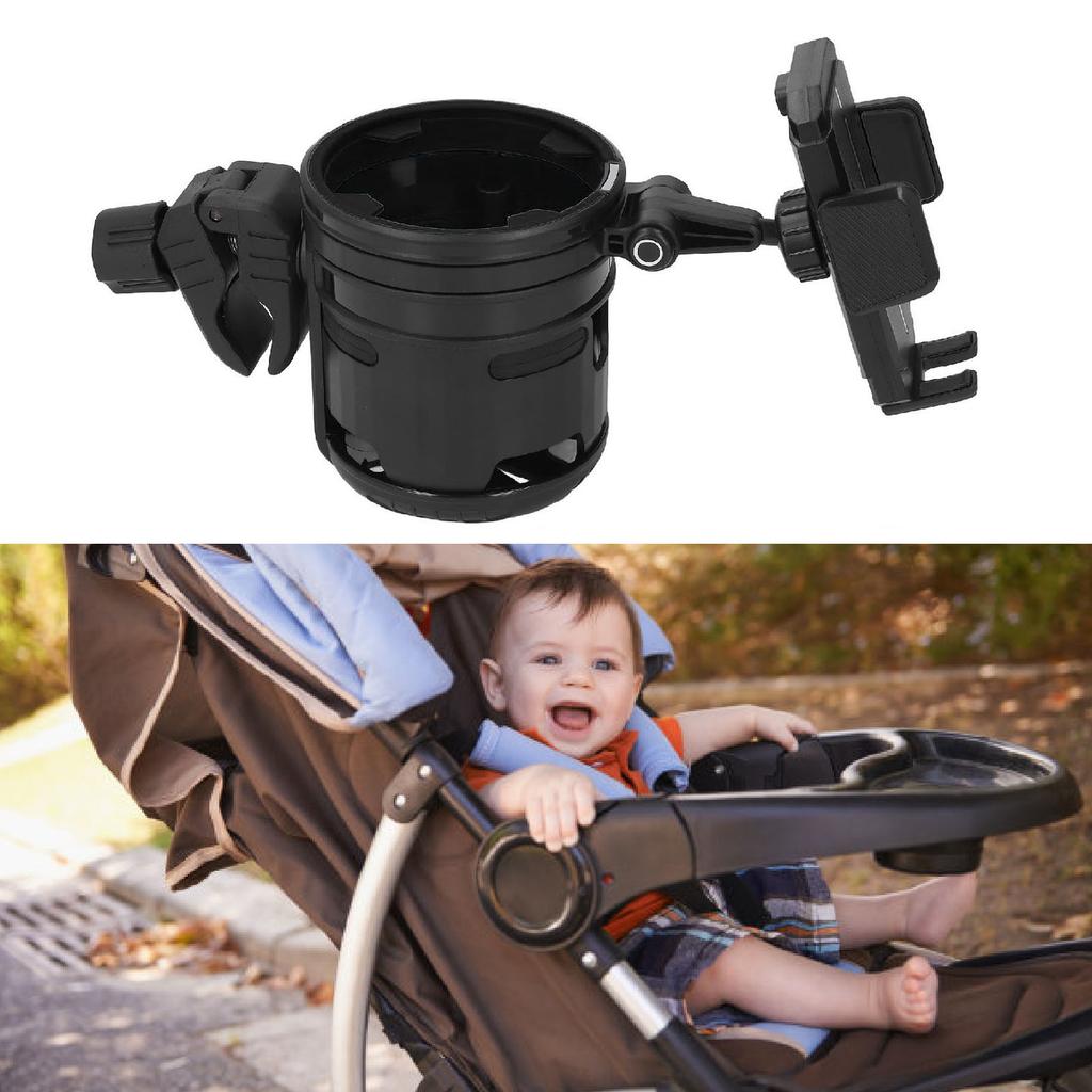 Kinderwagen-Getränkehalter mit Handyhalter 360 Grad Drehung Doppel-Becher- und Flaschenhalter Getränkehalter für Roller Fahrrad