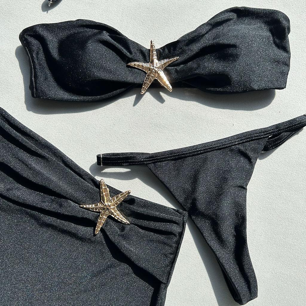 3-teiliges Bikini-Set, Bandeau-Bikini, sexy Damen-Badeanzug, glänzender Rock, weibliche Bademode, Seestern-Badeanzug, Strandbekleidung, Überzüge