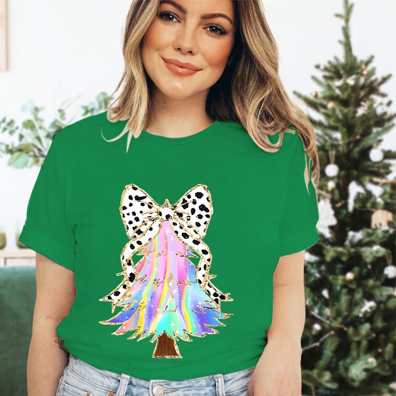 Merry Christmas Tree Design Tshirt Women Funny Festive Fashion Casual Green Tshirt Creative Xmas Tree Graphic Holiday Tops Tees