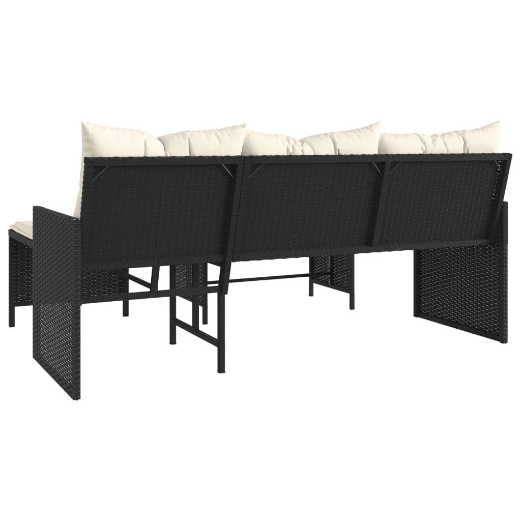 L Shaped Garden Sofa Set with Table and Cushions Black Poly Rattan