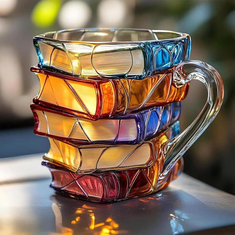 Bemalte Buchtasse, 3D Bunte Glasbuch-Kaffeetasse, Neuheit Bücherstapel Kaffeetasse Weihnachtsgeschenke für Literatur-Buchliebhaber