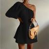 Loose Slimming Sloping Shoulder Puff Sleeve Dress Oblique Shoulder Bubble Sleeve Dress