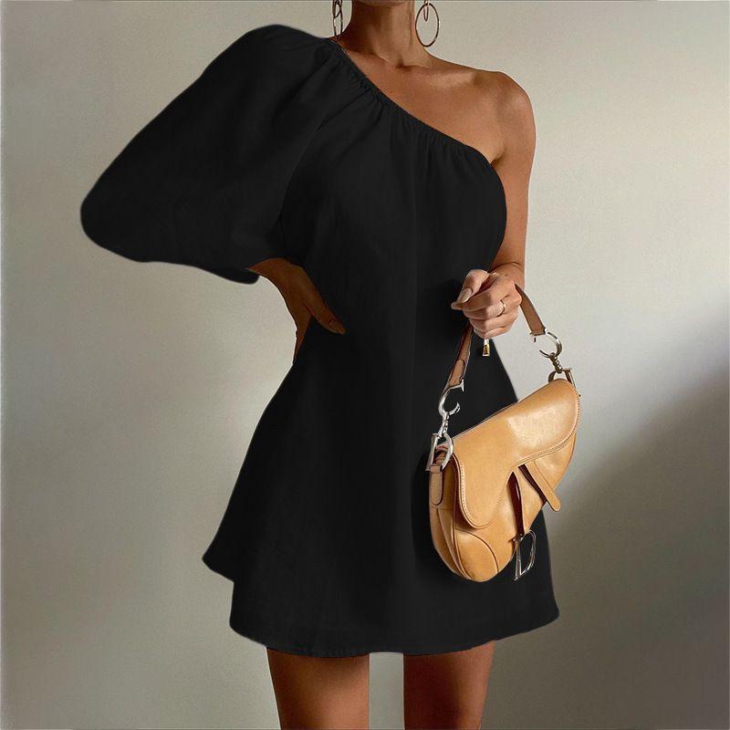 Loose Slimming Sloping Shoulder Puff Sleeve Dress Oblique Shoulder Bubble Sleeve Dress