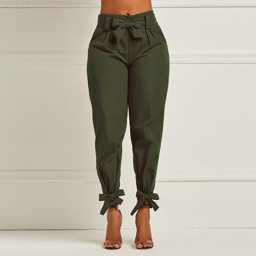 Women s High Waist Bow Tie Cuffed Harem Pants Casual Office Trousers S