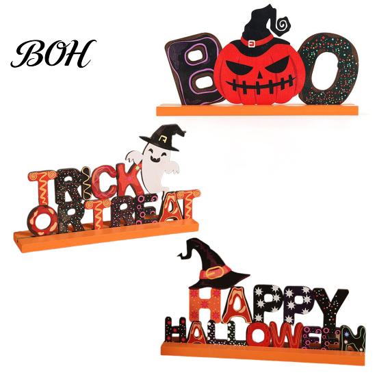 Creative Festival Table Signs Wooden Halloween Ornament, Trick or Treat/Boo/Happy Desktop Decoration Decorative Wood Lettering with Ghost Wizard