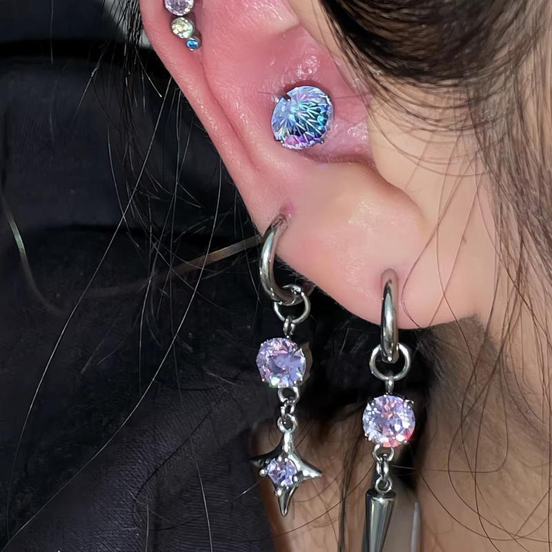 Stainless Steel Rivet Drop Earrings for Women Exquisite Retro Zircon Starburst Hoop Earrings Hip Hop Punk Versatile Jewelry Gift