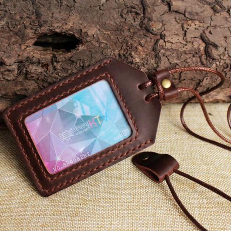 NEW Soft Leather Cowhide ID Badge Holder Name Tag Case with Neck Strap Chest Card Work Pass Meal Card Bus Card Holders Keychain School Office Supplies