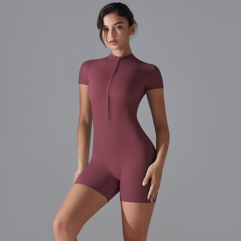 Nude Feel Stand-Up Collar One-Piece Yoga Bodysuit with Half-Zip & Short Sleeves