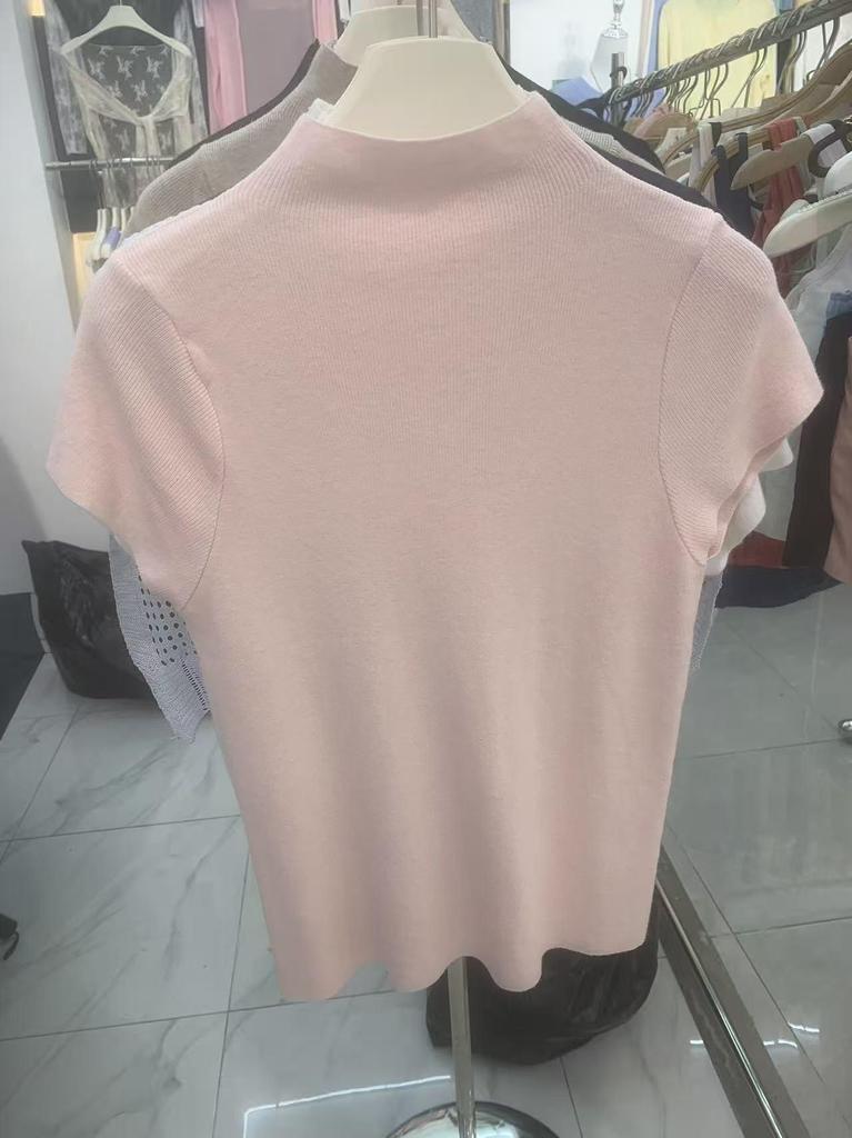 Women's Slim Fit Knitted White Top - Summer 2025 Short Sleeve Half High Neck Tee