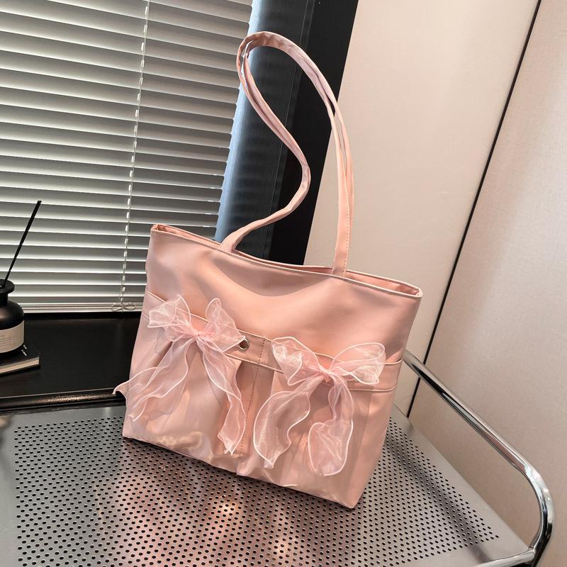 2025 New College Style Bow Tote Bag Large Capacity Pleated Shoulder Bag Female Cute Sweet Commuter Bag