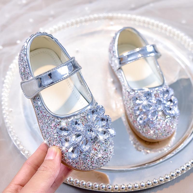Korean Style Girls' Leather Rhinestone Princess Shoes - 2025 Spring/Autumn Soft Sole Fashion Flats