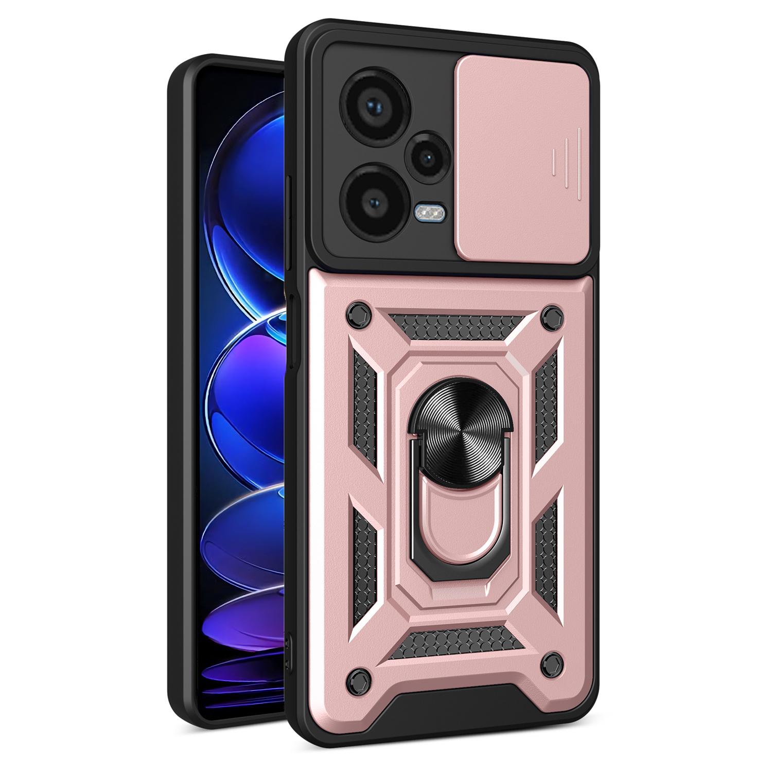 

For Xiaomi Redmi Note 12 Pro+ 5G Kickstand Phone Case Slide Lens Protection PC+TPU Phone Cover Rose Gold