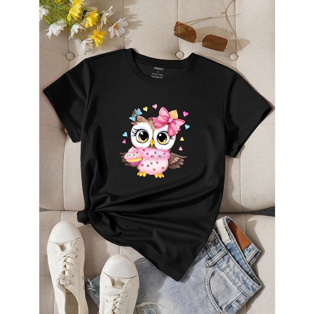 Women Cotton Short Sleeves T-shirts Cute Cupcake Owl Women's Tee Pink Graphic Casual Sweet Daily Top