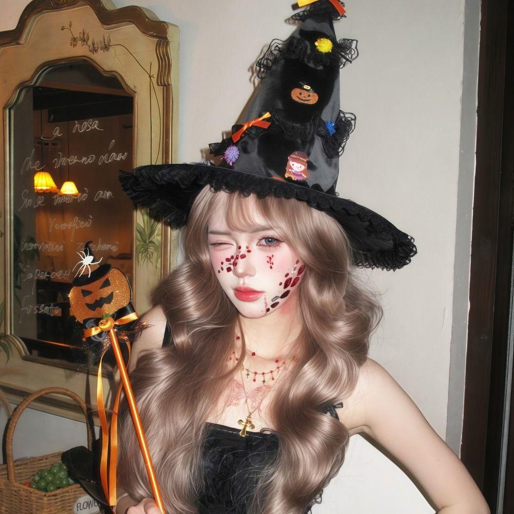 New Lightweight Halloween Witch Hat Breathable Cosplay Wizard Cap Dark Style Lace Edge Top Hat Party Holiday Decorations