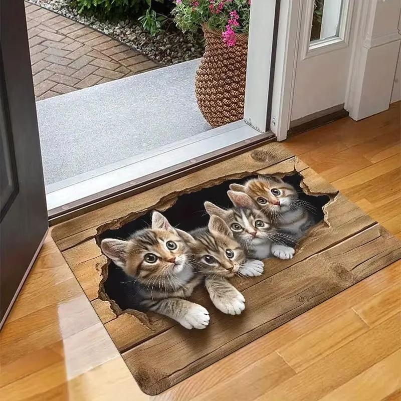 2D Wooden Hole with Four Cats Protruding Soft Pad Cartoon Cat Entrance Door Mat Bathroom Kitchen Anti Slip Mat