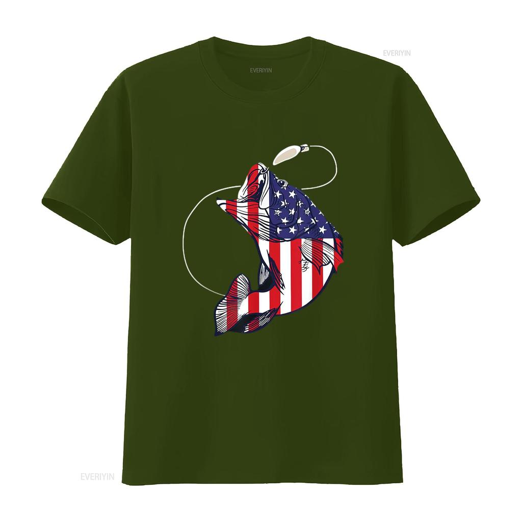 Bassfischen Fisch Amerikanische Flagge Patriotisch Vierter Juli Herren T-Shirt Weiß Vintage Gewaschen Dehnbar Oberteil Für Den Alltag