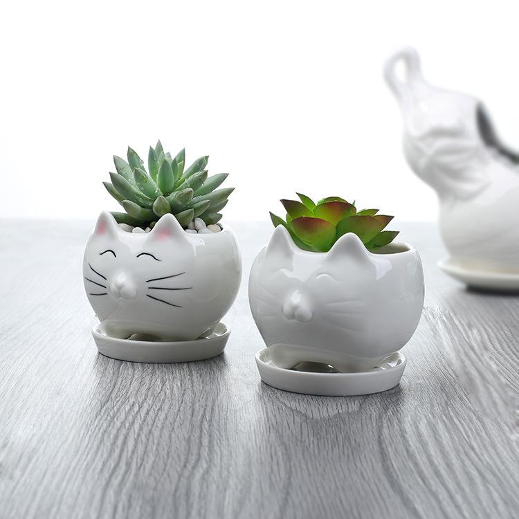 European Mengmeng Cartoon Kitten White Ceramic Flower Pot, Creative Gardening Balcony Succulent Flower Pot Ornament