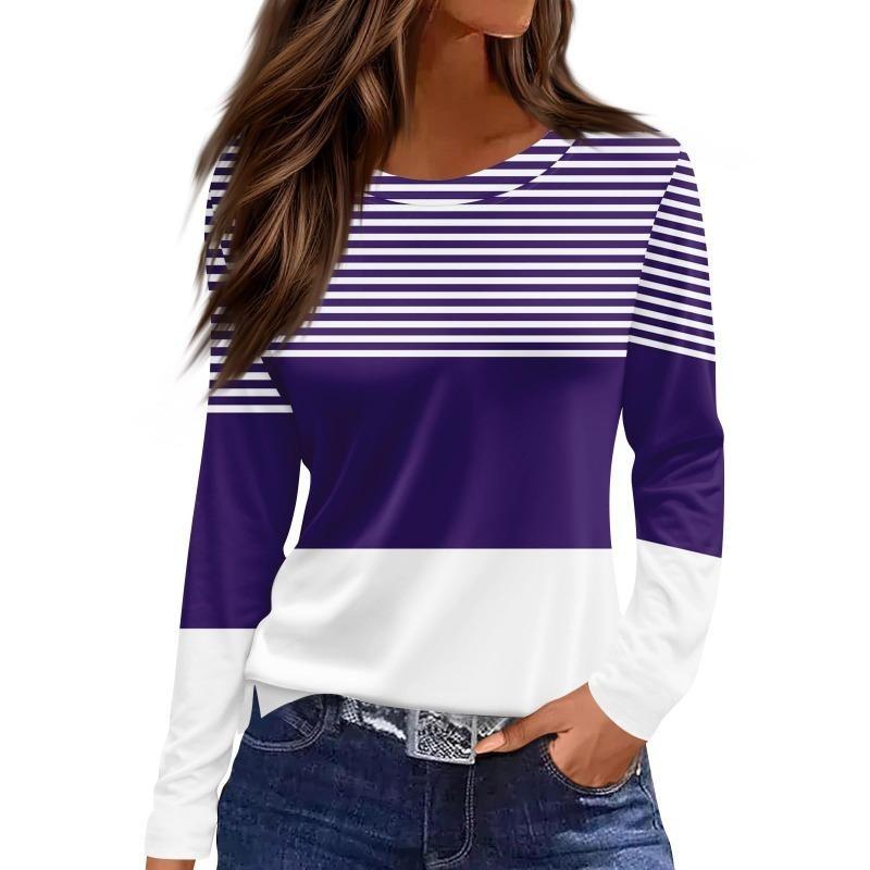 Spring And Autumn Long Sleeve Gradient Stripe Printed T-Shirts Women Basic Casual Tops Female Loose Round Neck Tees Harajuku Clothing