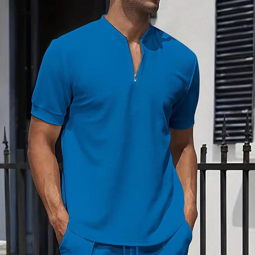 Men's Summer New Zipper Stand Up Neck Solid Short Sleeved T-shirt