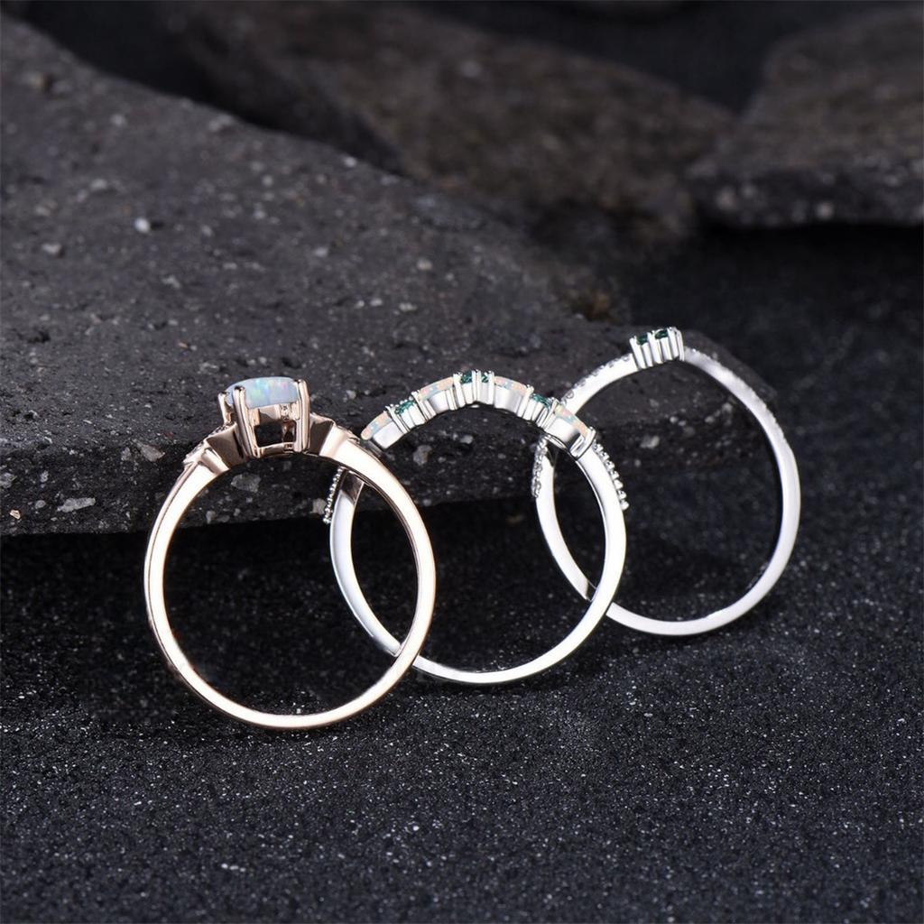 3Pcs/Set Fashion Rose Gold Color Rhinestone Opal Rings For Women Green Crystal Rings Set Wedding Engagement Jewelry Gifts
