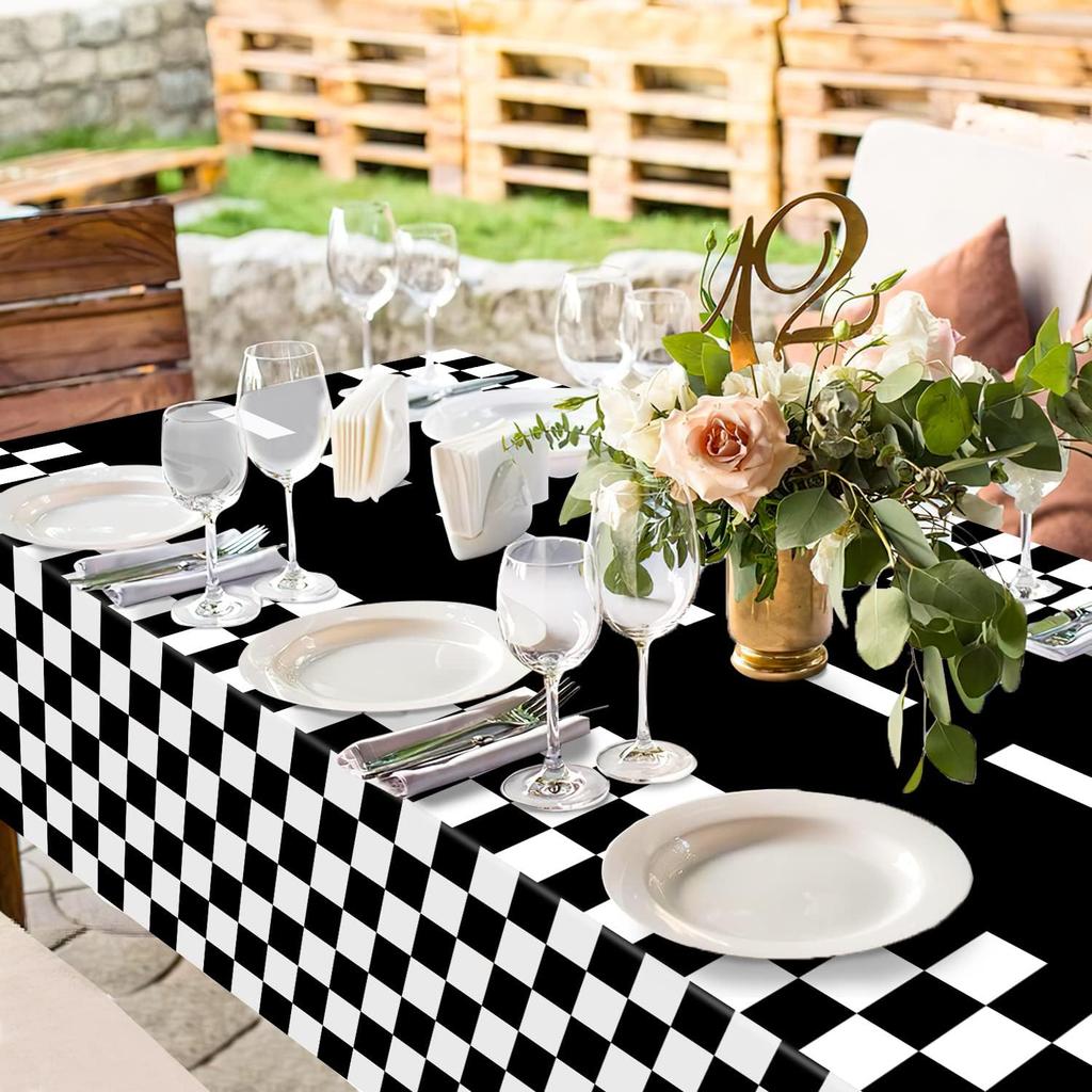 3 Packs Checkered Race Car Party Tablecloths Black and White Checkered Stripes Theme Party Touchdown Table Cover for Motor Racing Birthday Party
